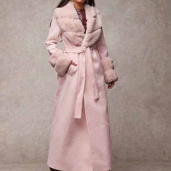 Dusty Pink Elegant Women's Faux Fur Shawl Collar Long Sleeve Coat - Picture 7 of 7